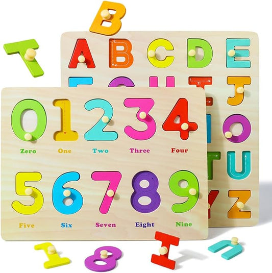 GRINNNIE Toddler Puzzle for 2 3 4 Years Old, Wooden Alphabet Number Peg Puzzles for Preschool Toddlers Age 2-4, Great Learning Puzzle Toy 1st Birthday Gift for Girls Boys