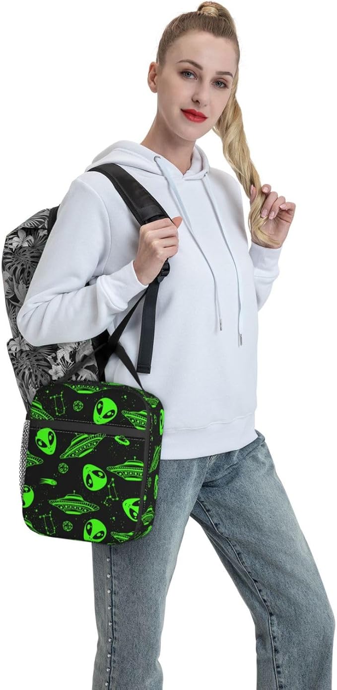Green Ufo Alien Star Reusable Lunch Box Food Bag Insulated Lunch Bag for Teenage Boys Girls School Beach