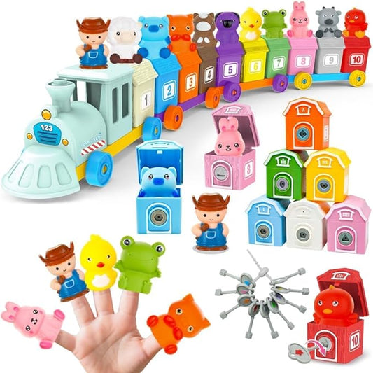 Learning Montessori Toys for Toddlers 1 2 3 Years Old, Sensory Farm Animals Train Toys with 10 Finger Puppets 1 Farmer, Counting Matching Sorting Barns with Keys, Educational Gift for Boys Girls
