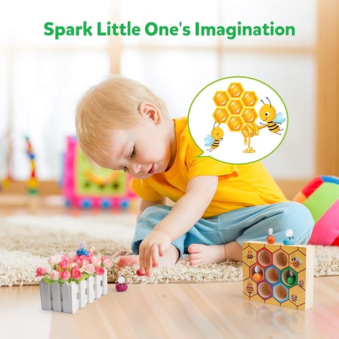 Coogam Toddler Fine Motor Skill Toy, Clamp Bee to Hive Matching Game, Montessori Wooden Color Sorting Puzzle, Early Learning Preschool Educational Gift Toy for 3 4 5 Years Old Kids