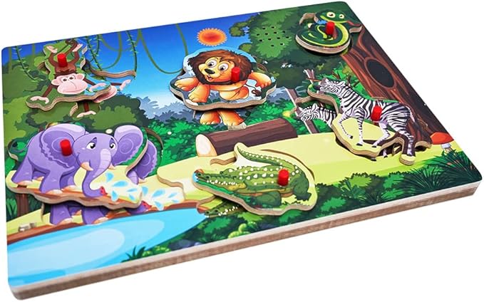 Wooden Forest Animals Sound Peg Puzzles for Toddlers Wooden Pegged Puzzle with Sound Effect for Toddlers and Preschoolers, Educational Learning Toy Gift