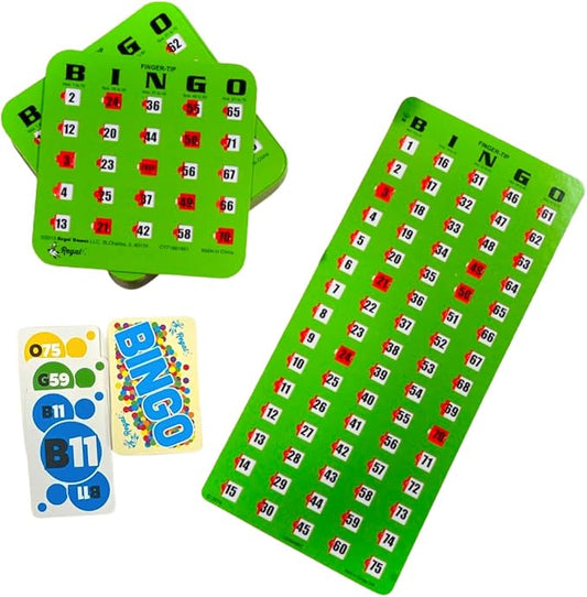 Regal Bingo Finger-Tip Shutter Bingo Cards Set w/Sliding Windows - 25 Bingo Shutter Cards, 75 Reusable Calling Cards, 1 Master Board - Ideal for Family Fun Night - No Chips & Daubers Needed - Green