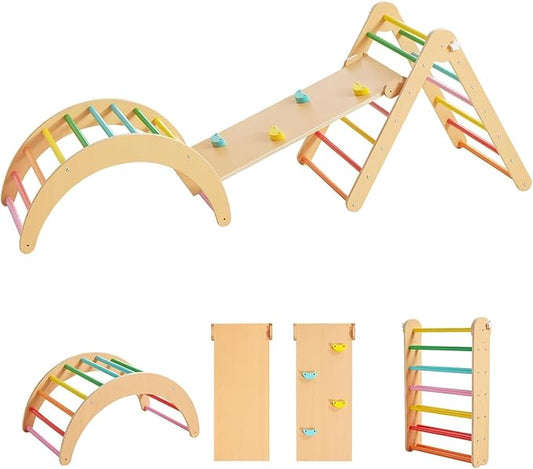 Asweets 4 in 1 Pikler Triangle Gym, Montessori Foldable Climber with Ramp, Indoor Climbing Toys for Kids, Climbing Triangle for Toddlers Arch Climber, Rocker, Learning Waldorf Children Toy, Rainbow