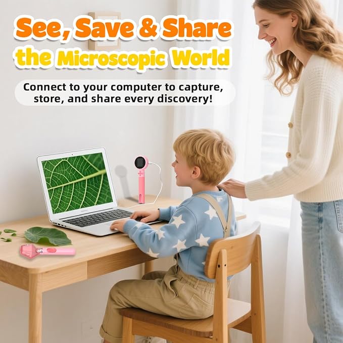 Kids Microscope with Bug Catcher Kit, 1080P Digital Mini Handheld Microscope STEM Science Toy with LED Light, Rechargeable, Portable, Supports 64GB TF Card, Educational Gift for Kids Ages 3-12 (Pink)