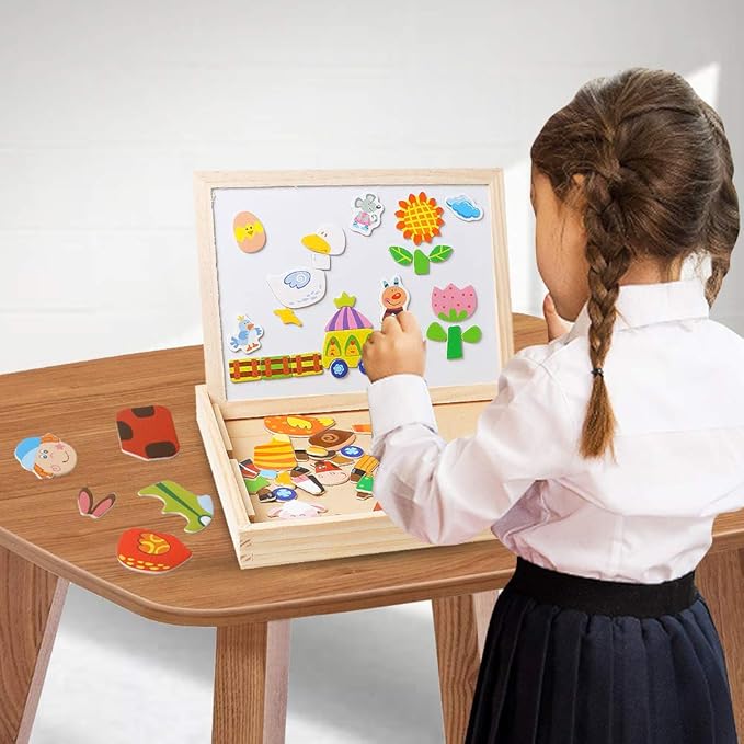 Skrtuan Wooden Educational Toys Magnetic Puzzles for Kids Wooden Art Easel Double Side Educational Learning Games for Boys Girls Children