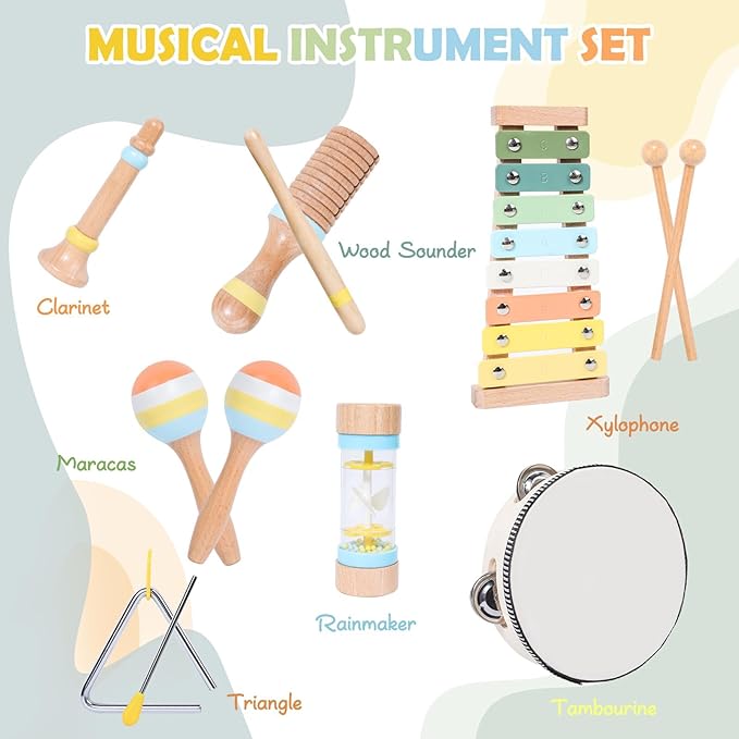 Wooden Musical Instruments Set for Toddlers 1-3, Baby Kids Montessori Toys Neutral Colors Percussion Set Preschool Educational Xylophone Music Toys for 2 3 4 Year Old Baby Girls Boys Birthday Gifts