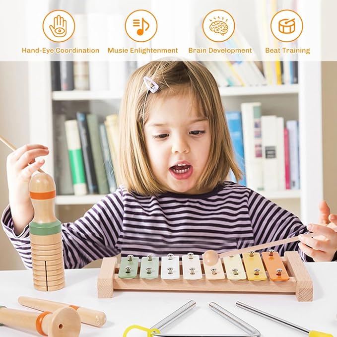 Toddler Musical Instruments Set - Neutral Colors Wooden Montessori Toys Percussion Instruments Musical Toys with Modern Boho Xylophone Tambourine for Kids Preschool Educational 3+ Birthday Gifts