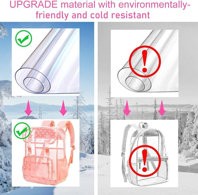 17" Polka Dot Clear Backpack for Girls - 3Pcs Flip Design Stadium Approved Set, Campus/School Transparent Bookbag (Pink)