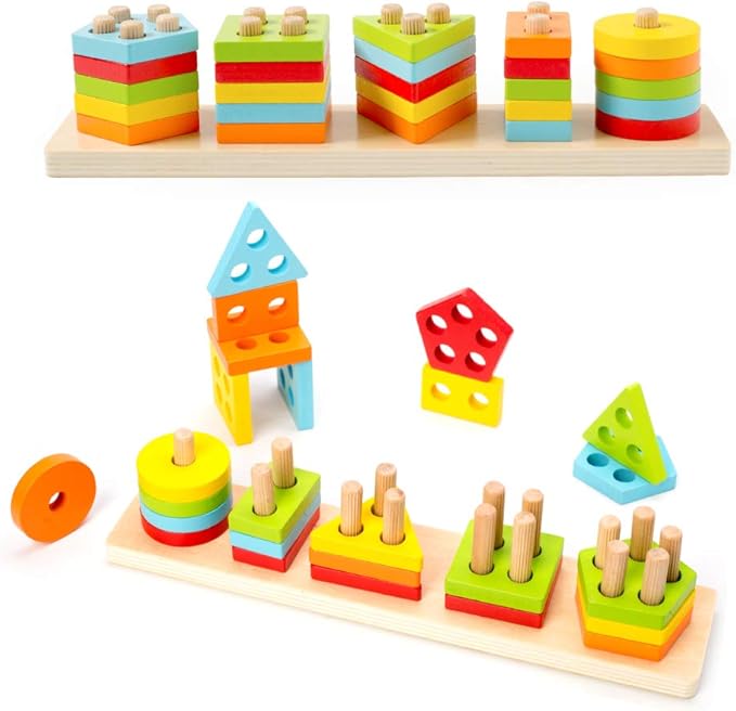 WOOD CITY Wooden Sorting & Stacking Toy, Shape Sorter Toys for Toddlers, Montessori Color Recognition Stacker, Early Educational Block Puzzles for Kids 1 2 3 Years Old Boys and Girls (5 Shapes)