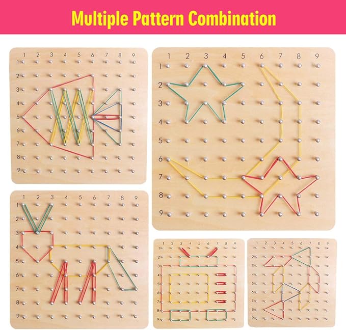 Skrtuan Wooden Geoboard with Pattern Cards & Rubber Bands, Montessori STEM Educational Toy for Kids 5-8 Years Old, Brain Teaser Puzzle Game for Geometry Learning and Creative Shapes