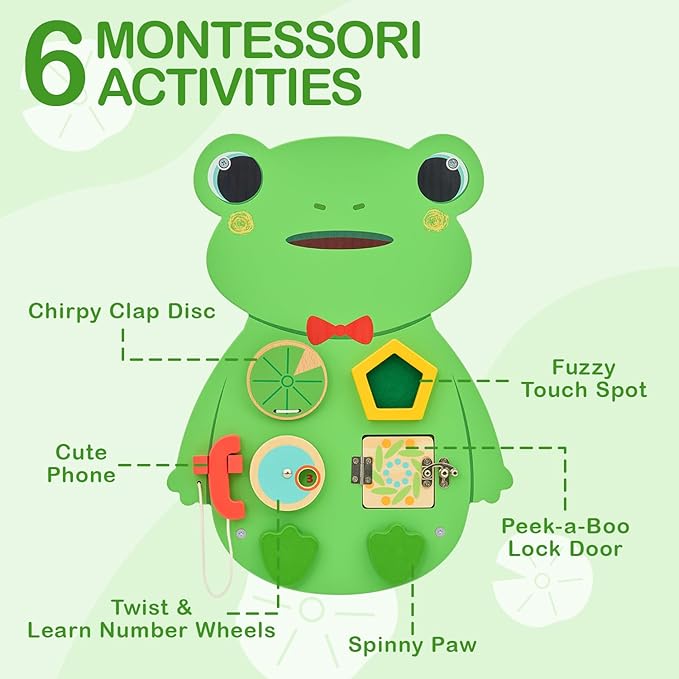 Monläurd® Wooden Frog Sensory Wall Toy, Busy Board for Toddlers, Montessori Sensory Wall Panel for Kids, Ideal for Classroom, Playroom & Daycare, Wall Activity Board