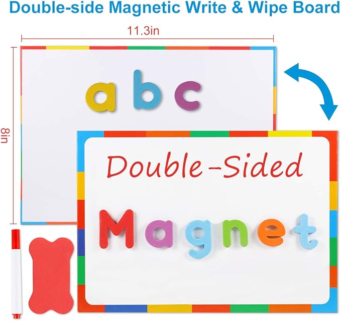 Magnetic Letters Kit, A-Z Foam Magnetic Letters, Alphabet Letters with Large Double-Side Magnet Board and Learning Cards, Educational Refrigerator Magnets for Preschool Learning Spelling (Colorful)