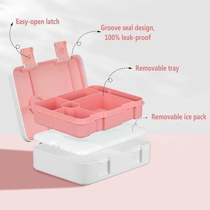 Chill Bento Lunch Box for Kids Adult with Ice Pack Keep Food Cold Fresh 5-Compartment Reusable Leak Proof Lunch Container for Girl Boy School Dishwasher & Freezer Safe
