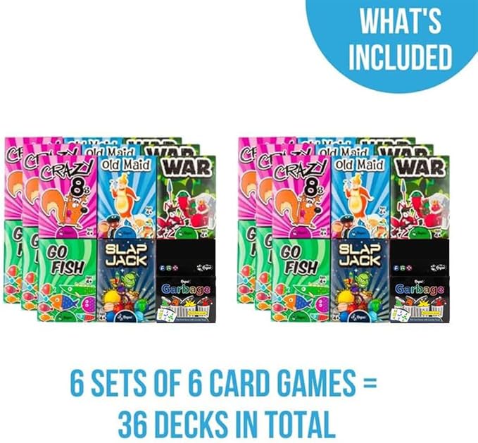 Regal Games Card Games for Kids - Go Fish, Crazy 8's, Old Maid, Slap Jack, Garbage Monsters, War - Simple & Fun Classic Family Table Game Sets (6 x 6)