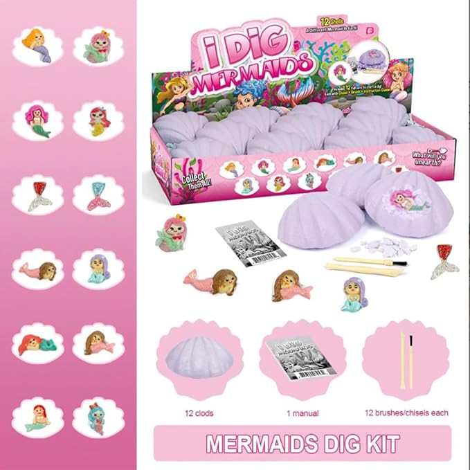 12-Pack Mermaid Discovery Set for Kids - Exciting Seashell Digging Adventure - Educational Princess Collection of Mystical Sea Life