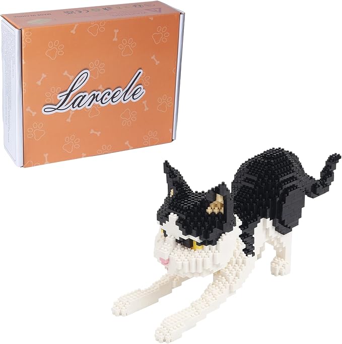 Larcele Cat Mini Building Blocks Animal Set, DIY Micro 3D Building Toy Bricks,1390 Pieces KLJM-05(Black and White Cat)