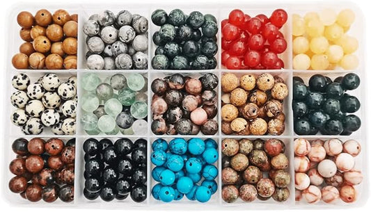 375pcs 8mm Real Natural Round Stone Beads Smooth Crystals Loose Gemstone Multi Color Mixed DIY for Jewelry Making(8mm,15 Color Mix-S1)