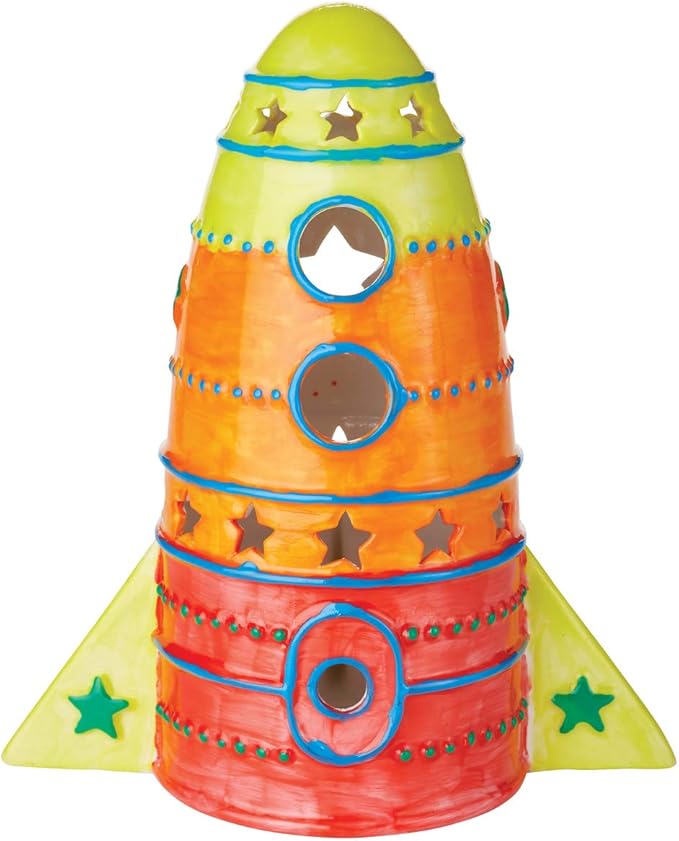 MindWare Paint Your Own Porcelain: Rocket Light with 2 Tea Lights, 12 Paints & 2 Brushes - Creative paintable Pottery Crafts & Gift Kits for Kids
