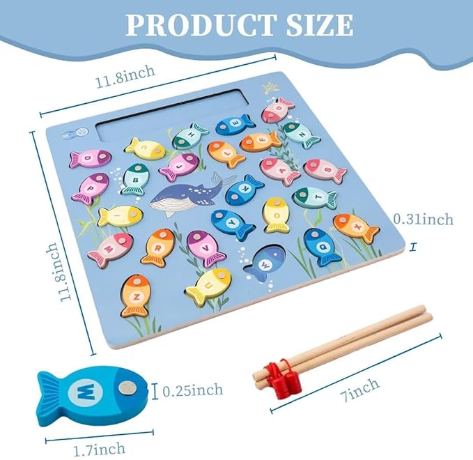 Magnetic Fishing Game for Toddlers, Wooden Alphabet Puzzle Maze Board, Preschool ABC Uppercase Lowercase Letter Matching Game, Montessori Educational Fine Motor Skill Toy for Boy Girl Kids