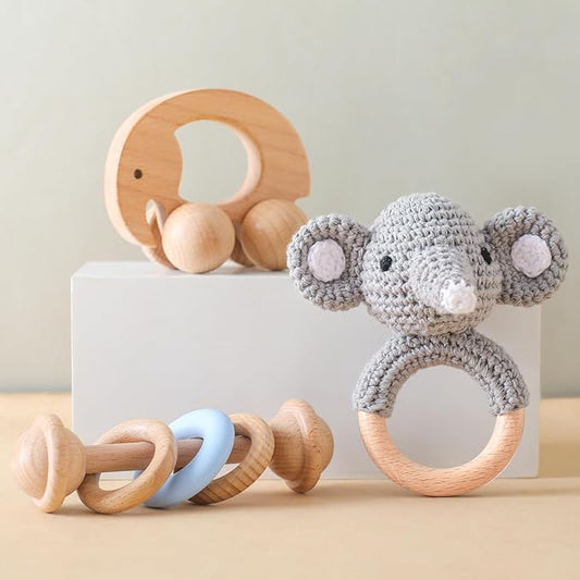Wooden Baby Rattle 3 PCS Push Car Rattle Set Crochet Rattle Ring Wooden Montessori Toy for Newborn Infant Baby Gifts (Elephant Rattle)