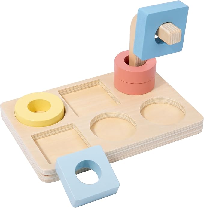 Adena Montessori Wooden Stacking and Sorting Ring,Wooden Rings on Peg,5 Shapes on Curved Peg Horizontal Dowel Variation,Baby Toddler Educational Eearly Learning Toys for 1 Year Olds Boy and Girl Gift