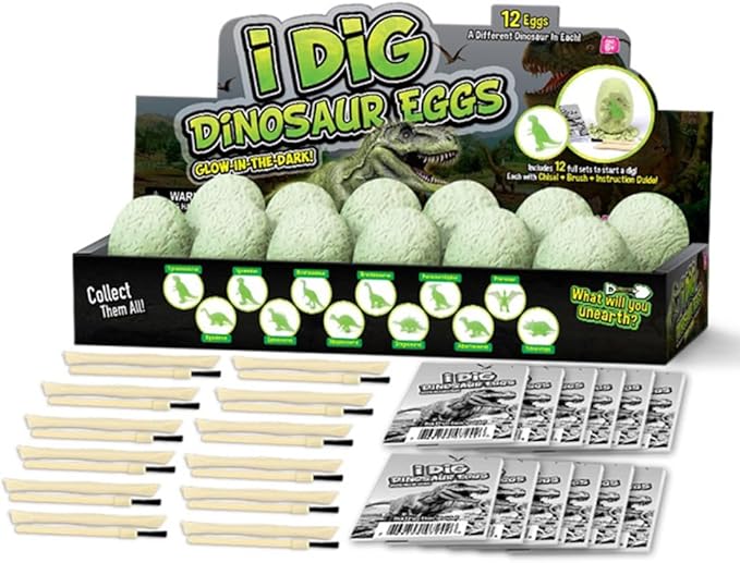 12-Pack Glow in The Dark Dinosaur Excavation Kit for Kids - Educational STEM Fossil Digging Egg Activity – Dig up & Discover Real Dino, Scientific Archaeology Set for Boys & Girls