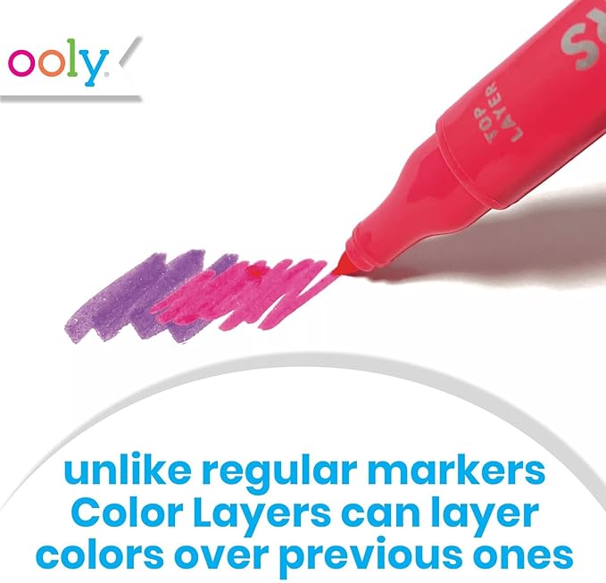Ooly Color Layers Double Sided Markers - Set of 8 Colored Markers, 16 Colors Chisel and Point Tip on Each Marker for Kids, Non Toxic School Supplies, Art Supplies and Stationery Set - Color Layering