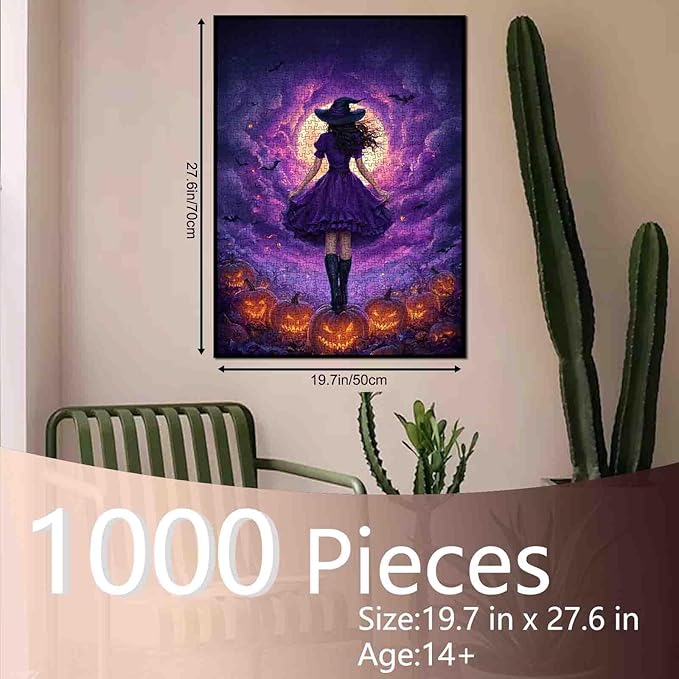 Halloween Witch Puzzle 1000 Pieces for Adults Pumpkin Field Full Moon Night Sky Jigsaw Puzzle Spooky Fall Aesthetic Challenging Puzzles for Women Men Teens Halloween Purple Art Home Decor Gift
