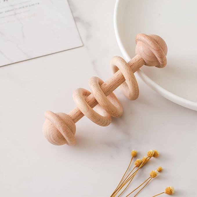 Wooden Baby Rattle, Newborn Wooden Rattle Toy, Natural Wooden Montessori Baby Grip 3 Ring Toy, Baby Gift Toy, Wood Rattle-2