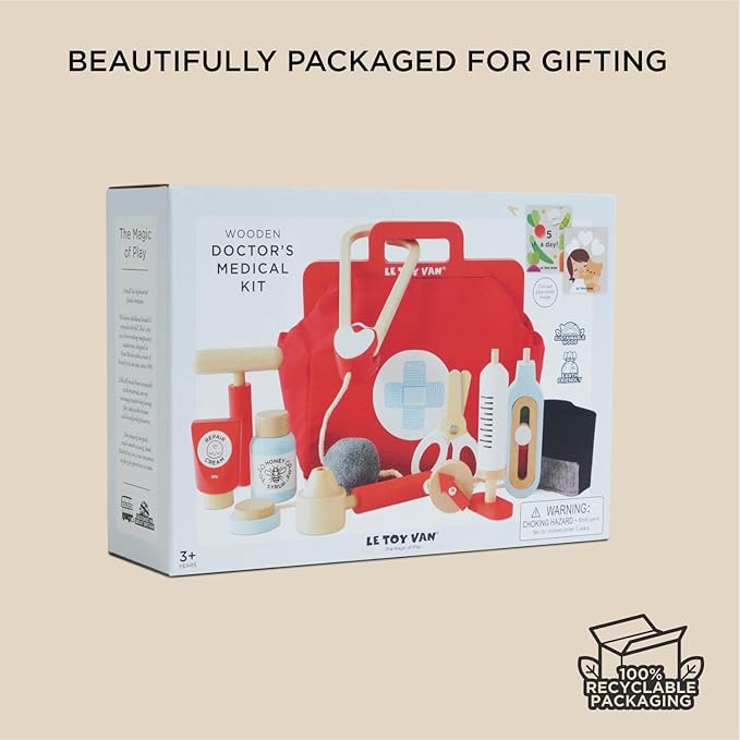 Le Toy Van - Kids Wooden Educational Pretend Play Honeybake Doctor's Medical Play Set Kit | Kids Pretend Play Role Play For Boys And Girls | 3 Year Old +, 8.66" x 5.70" x 5.90" (TV292)