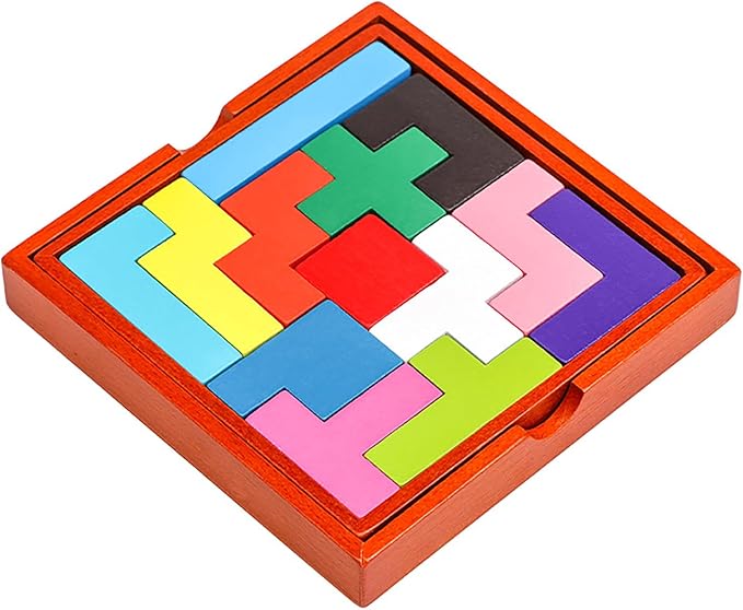 Wooden Puzzle Pattern Blocks Brain Teasers Game 3D Russian Building Toy Geometric Wood Tangram Shape Jigsaw Puzzles Montessori STEM Educational Toys Gift for Kids Adults (Multicolor)