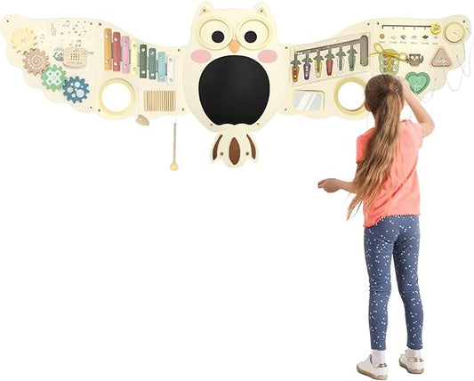 Owl Activity Wall Busy Board Panels, Montessori Sensory Toys, Toddler Learning Activity Center,Interactive Wooden Learning Toy for Toddler Playroom & Children's Daycare