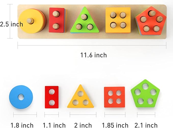 WOOD CITY Wooden Sorting & Stacking Toy, Shape Sorter Toys for Toddlers, Montessori Color Recognition Stacker, Early Educational Block Puzzles for Kids 1 2 3 Years Old Boys and Girls (5 Shapes)