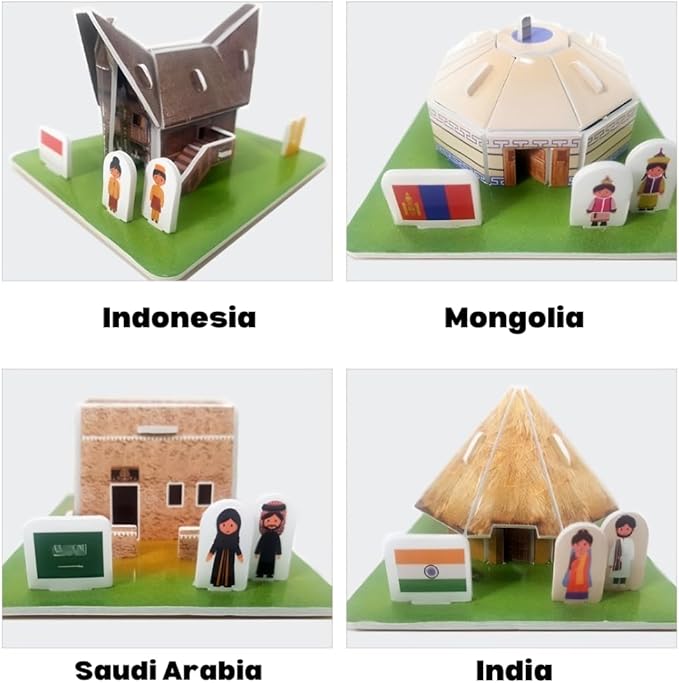 3D Puzzle Set - Traditional Houses Collection: Build 8 Country Models with Authentic Costumes, DIY Kit for Hobbyists, Creative Toy and Home Decor (Asia)