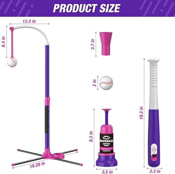 Baseball Set - 3 Ways to Play, Adjustable Height, Easy to Assemble, Safe & Sturdy, Ideal Sport Gift for Kids
