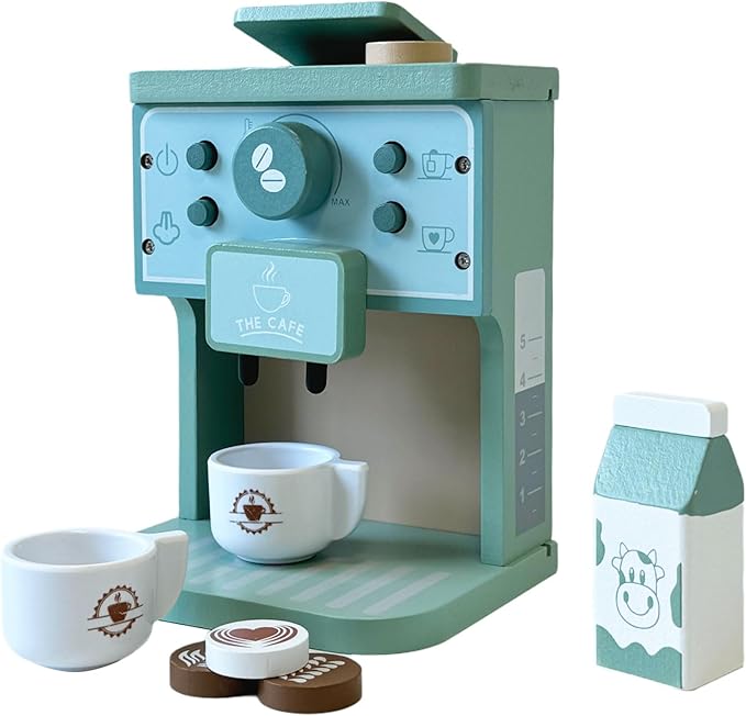 JBBRO Toy Coffee Maker for Kids - Toddler Toys Play Kitchen Accessories Spark Creativity, 8pc Kids Coffee Playset with Machine & Cups, Montessori Wooden Kitchen Toys for Ages 2-4 Enhance Creativity