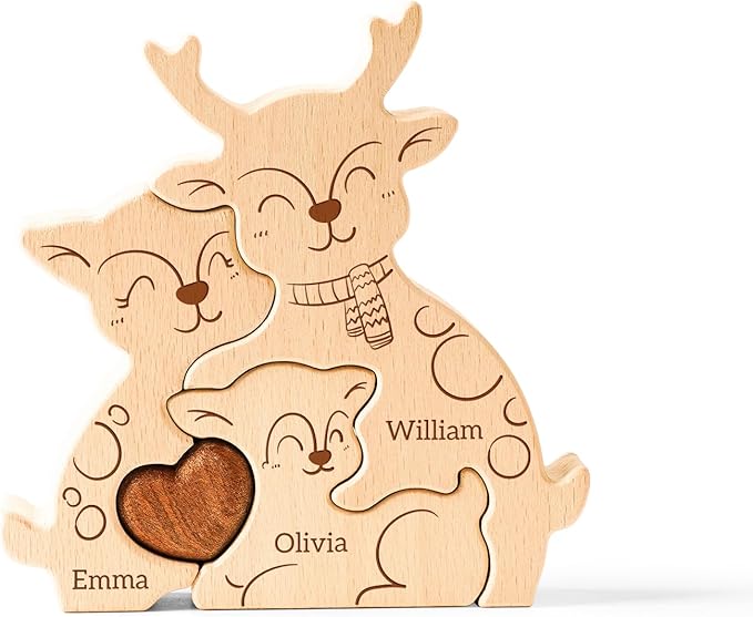 Wooden Elk Family Puzzle, Personalized Puzzles with 2-5 Names, Birthday Christmas Personalized Gifts for Kids Teen Boys Girls Mom Dad Grandma Toddler, Christmas Thanksgiving Decor Gifts