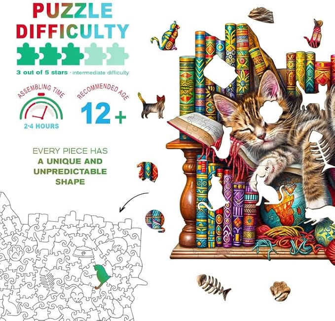 Wooden Puzzles for Adults - Dreamy Cat Wooden Jigsaw Puzzle - Unique Animal Shaped Wood Puzzles Adult - Christmas Birthday Gifts for Adults/Friends/Family - 100pcs 8.5 * 6.9in