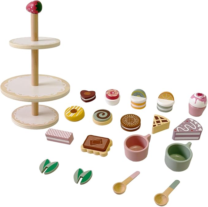 Wooden Dessert Stand Toy Set for Kids – 3-Tier Cake and Pastry Tower, Pretend Play Tea Party Accessories, Montessori Kitchen Toy for Toddlers Ages 3+