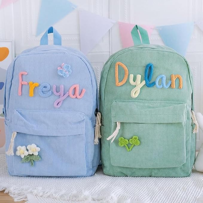 Personalized Corduroy Backpack for School Girls & Boys, Custom Name School Bag with Cotton Rope Woven, Customize Monogram Book Bag for Toddlers and Kids, Back to School Gifts