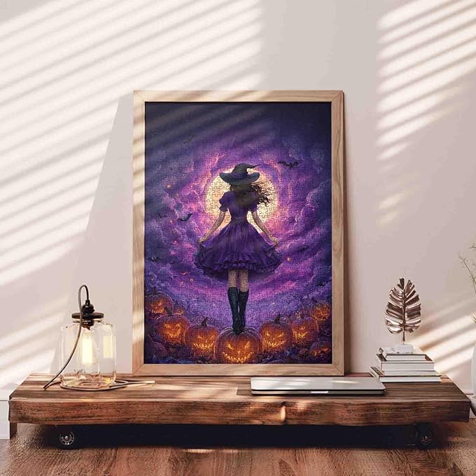 Halloween Witch Puzzle 1000 Pieces for Adults Pumpkin Field Full Moon Night Sky Jigsaw Puzzle Spooky Fall Aesthetic Challenging Puzzles for Women Men Teens Halloween Purple Art Home Decor Gift