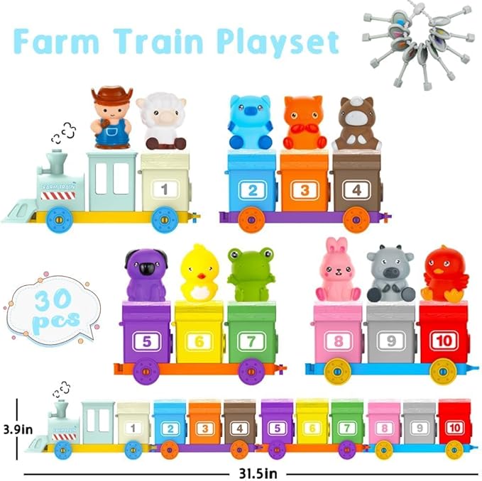 Learning Montessori Toys for Toddlers 1 2 3 Years Old, Sensory Farm Animals Train Toys with 10 Finger Puppets 1 Farmer, Counting Matching Sorting Barns with Keys, Educational Gift for Boys Girls