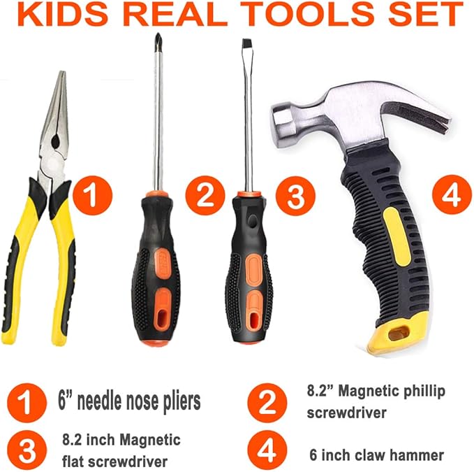 Kids Real Tool Set 25Pcs for Young Builders,Children Size Real Hand Tools Hammer,Kids Educational Tool Belt Waist Junior Boys Teens Beginner Starter Learning DIY Woodworking Construction Repair Set