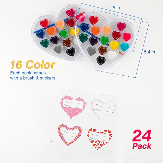 Valentines Day Gifts for Kids, 24 Pack 16 Colors Watercolor Paint Set with Paintbrush for Kids, Prizes Exchange Gifts Valentines Party Favors for Preschool Classroom School