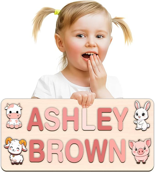 LOVELYPOD Personalized Name Puzzle for Kids, Custom Name Puzzles for Toddlers 1-3 Animal Puzzle, Customized 1st Birthday for Girls & Boys Wooden Toys for Kids, for New Baby - Style 15