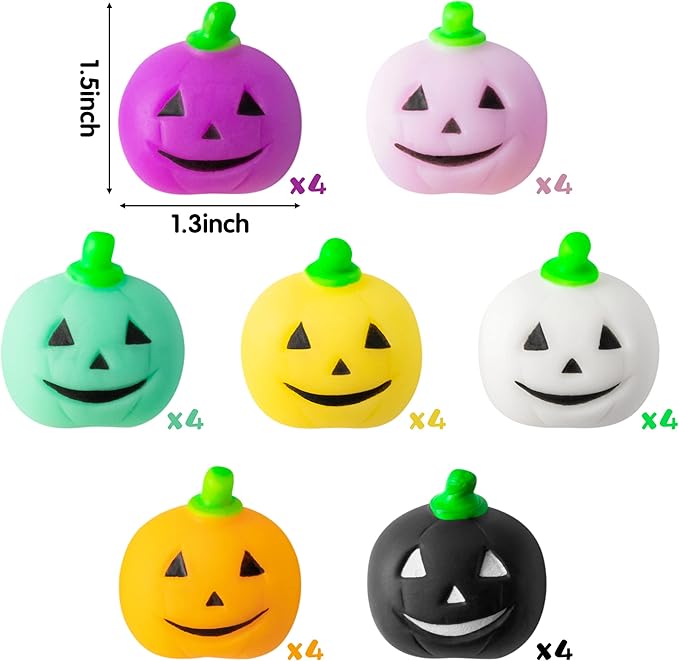 WATINC 28pcs Halloween Pumpkin Mochi Squeeze Toys for Kids, Happy Halloween Stress Relief Gifts Mochi Fidget Toys Treat Goodie Bags Fillers Classroom Prize Christmas Stocking Party Favors Decorations
