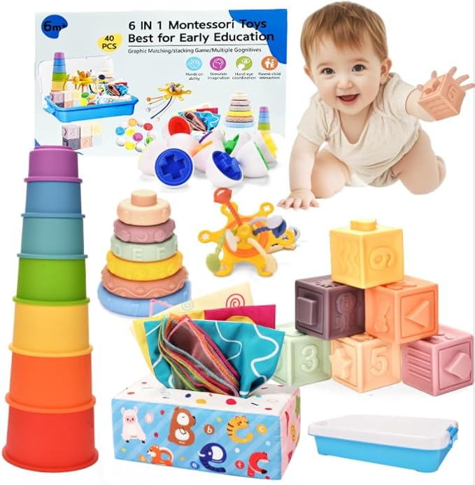 Montessori Toys for 1 Year old,Baby Toys 6-12 Months,6-in-1 Sensory Toy for Babies 6 month old,Stacking Blocks Cups,Pull String,Matching Eggs,Sensory Tissue Box Toy for Toddlers 6-9-12 Months Gifts
