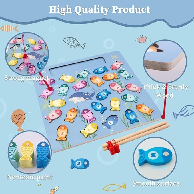 Magnetic Fishing Game for Toddlers, Wooden Alphabet Puzzle Maze Board, Preschool ABC Uppercase Lowercase Letter Matching Game, Montessori Educational Fine Motor Skill Toy for Boy Girl Kids