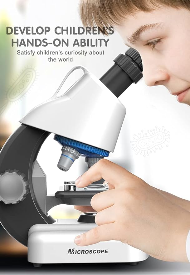 Kids Microscope - Up to 40-1200x Zoom, STEM Kit with LED Light & Prepared Slides