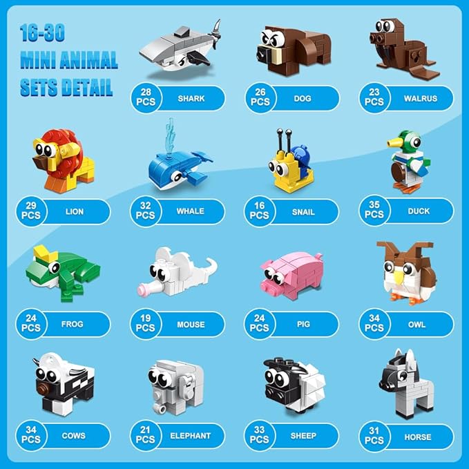 HOGOKIDS 30 Packs Party Favors for Kids - 867PCS Animals Building Blocks Sets for Classroom Prizes Goodie Bag Fillers Stocking Stuffers Birthday Valentines Easter Gifts for Kids Boys Girls 6+